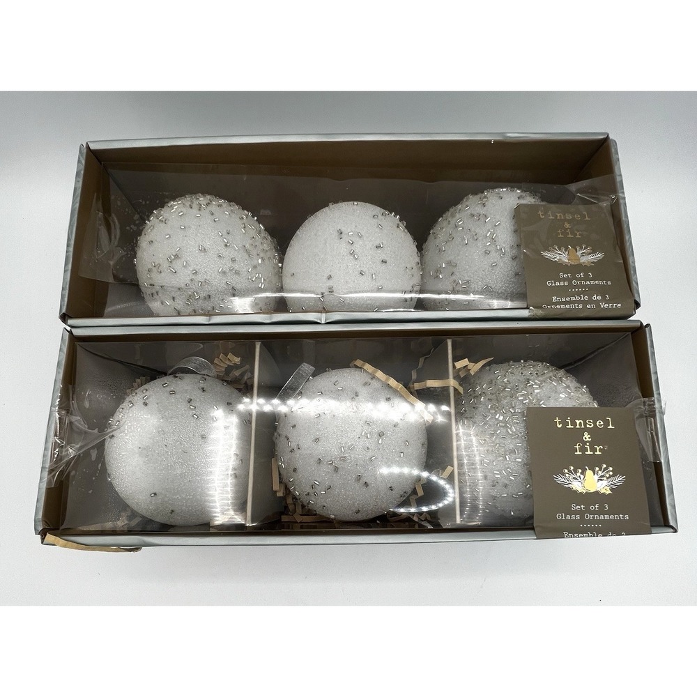 6 Tinsel & Fur‎ Glass Christmas Ornaments White w/ Silver Faux Snowfall 3"